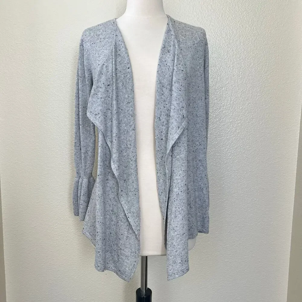 Style & Co speckled gray open sweater cardigan bell sleeve cuffs